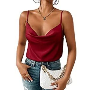 Aoulaydo Cowl Neck Satin Silk Red Camisole Top